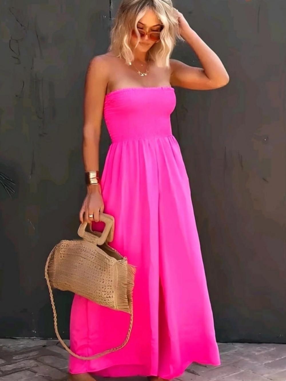 New Pink Strapless Jumpsuit Casual Sleeveless High-Waisted Overalls,Pockets
